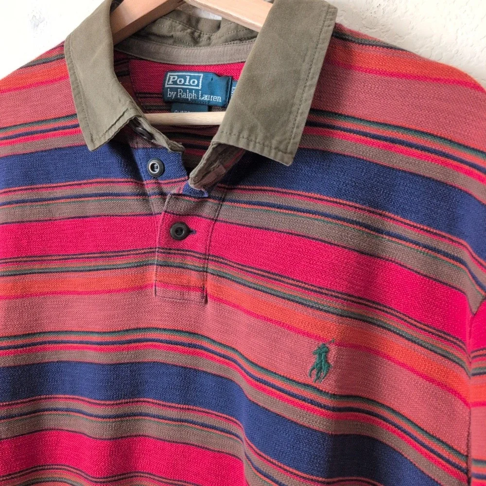 Vintage 90s Polo Ralph Lauren Mens XXL Striped Polo Shirt Red Navy Olive Green